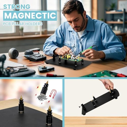 Helping Hands Soldering Station, 10X Magnifying Glasses with Light and Stand, 4 Magnetic PCB Pillars, Infinite Color Stepless Dimming Magnifier Lamp for Electronic Repair Model Craft
