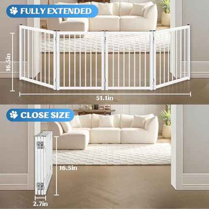 Freestanding Short Dog Gate, 16.5" Tall Small Pet Gate Easily Step Over, Metal Foldable Pet Gate, Up to 51" Wide Puppy Fence, Gate for Stairs and Doorways, Indoor, Outdoor Use, No Drill Pressure Mount