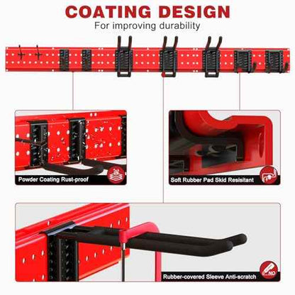 Garage Tool Organizer Wall Mount 49.5inch With 9 Hooks,Shovel Holder Wall Mount Ski Rck for Garage Garden Tool Rack Heavy Duty(Red)