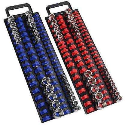 ALOANES 160-Piece Portable Socket Organizer Steel Tray, Heavy Duty Socket Holders with Handle, Socket Rack, 1/4-Inch x52 Clips, 3/8-Inch x 60 Clips, 1/2-Inch x 48 Clips, 2Packs Set (Blue&Red)