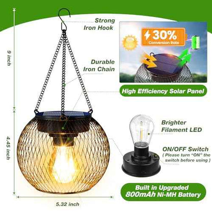 Solar Lanterns Outdoor Waterproof 4 Pack, Upgraded Metal Solar Hanging Lights with Hooks & Auto On/Off, Brighter Warm Outdoor Hanging Lantern Lighting for Porch Garden Yard Pathway Decor