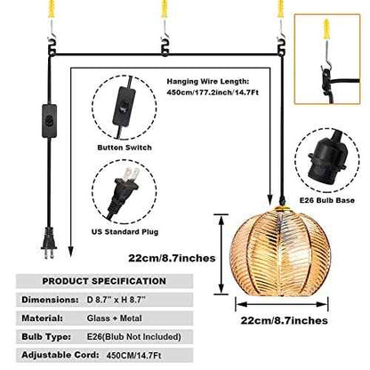 Plug in Glass Pendant Light Mid-Century Modern Striped Amber Glass Hanging Ceiling Lighting Fixture with 14.7FT Cord, Globe Decor Chandelier For Living Room, Bedroom, Dining Hall, Kitchen (Amber)