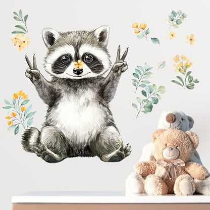 Yovkky Lovely Raccoon Wall Decals Stickers, Woodland Animals Flower Leaves Toddler Baby Nursery Decor, Forest Home Decorations Kids Bedroom Playing Room Classroom Art