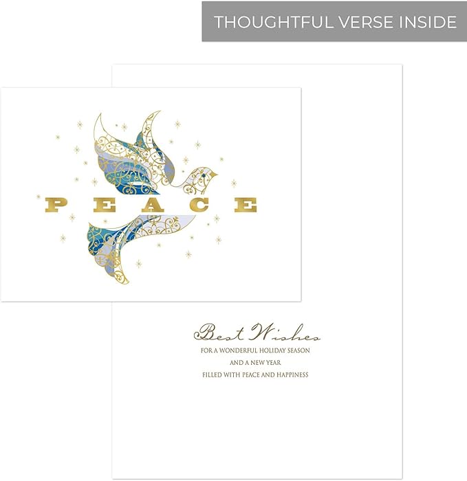 Masterpiece Elegant Dove Christmas Cards / 15 Religious Dove Holiday Cards Set With Gold Foil And White Envelopes / 5 5/8" x 7 7/8" Greeting Cards With Inside Verse