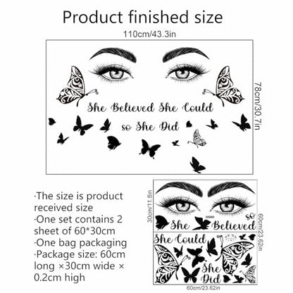 Black Eyelash Eyes Butterfly Wall Stickers, sacinora Inspirational Quotes Motivational Word DIY Wall Decals Removable Vinyl Peel and Stick for Women Girl Kids Living Room Bedroom Nursery Art Decor
