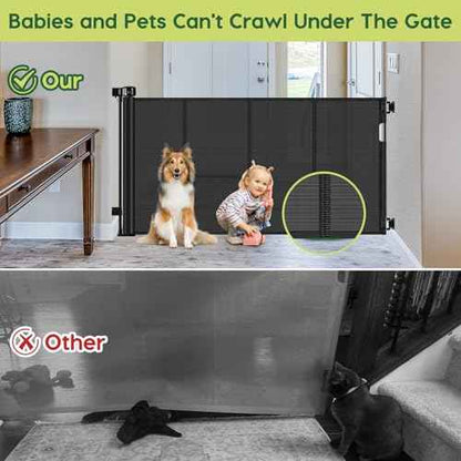 Reinforced 55" Wide Retractable Baby Gates with Reinforced Strips, Indoor/Outdoor Retractable Dog Gate for Doorway Prevent Bottom Drilling Through, No Bottom Bar Safety Mesh Baby Gate for Stair, Black