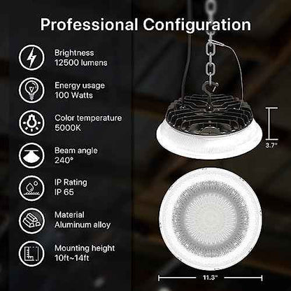 HYPERLITE LED High Bay Light with Reflector 100W 12500LM 5000K Daylight, High Bay LED Lights with US Plug for 10-14FT Garage Shop Barn