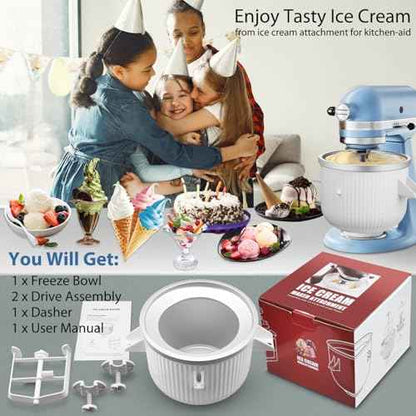 Ice Cream Maker Attachment for KitchenAid Stand Mixer, Ice Cream Bowl Fit for 4.5Qt and Larger Stand Mixers, Ice Cream & Sorbet Gelato Maker Attachment, 2 Quart, White