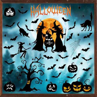 Halloween Window Clings,Halloween Witch Window Stickers,Pumpkin Ghost Wall Stickers,Pumpkin Bat Wall Decals,Spider Black Cat Decals,Tree Full Moon Decor for Party Home Room Office Kitchen
