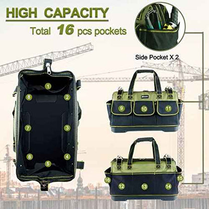17in Tool Bag For Men Heavy Duty? with Waterproof Molded Base, High Capacity Wide Mouth Tote, Construction Worker Electricians Tool Bags, Large Tool Bag Organizer for Men Women Tool Tote