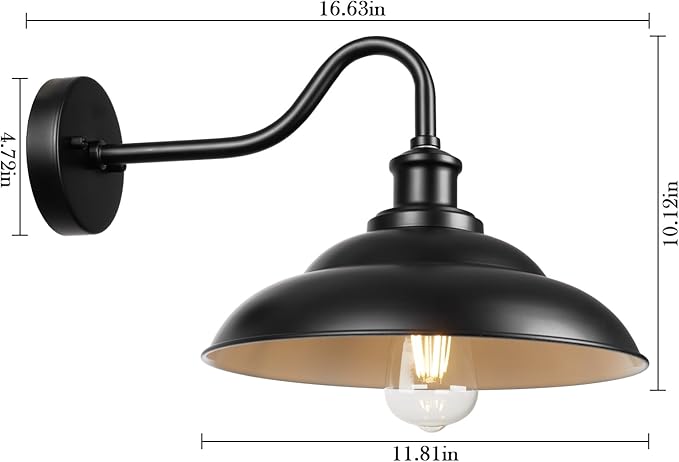 Outdoor Gooseneck Barn Light, 12'' Farmhouse Exterior Wall Mount Light, Outdoor Indoor Wall Sconce, Exterior Porch Lighting Fixture, Industrial Outside Black Lantern for Entryway Garage, 3 Pack