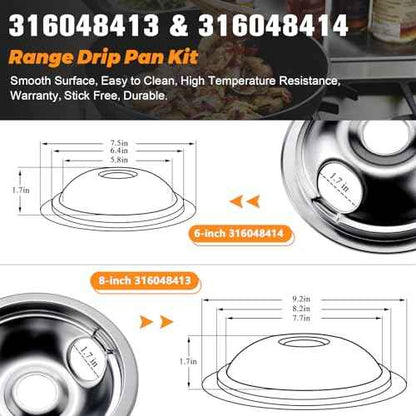 316048413 316048414 Chrome Stove Burner Drip Pans and MP22YA Electric Range Burner Element Set MP15YA(6") MP21YA(8") by Blutoget - Fit for Frigidaire Ken-more Cro-sley Tap-pan Electric Range Stove