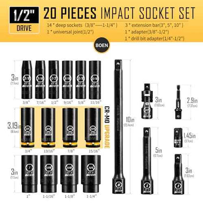 BOEN Pro 20-Piece 1/2" Drive Deep Impact SAE Socket Set, 3/8"-1-1/4", CR-MO & CR-V Steel, Upgraded Torque & Durability, Includes Extensions, Joint, Adapter ? Meets ANSI