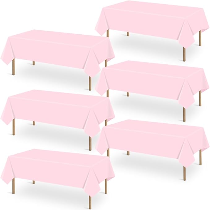 6 Packs Light Pink Tablecloths 54 x 108 Inch Disposable Plastic Pink Table Cloths Waterproof Rectangle Table Covers for Girl Birthday Baby Shower Wedding Ice Cream Decoration