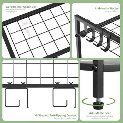 Garden Tool Organizer Rack for Garage, Yard Tool Tower Rack Organizer, Tools Stand Storage with Hooks Black Metal Garden Tools Holder for Yard Shed Garage Organization