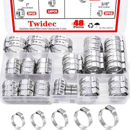 Twidec/48PCS 3/8",1/2",3/4",5/8",1" PEX Cinch Clamps Kit 5 size,Stainless Steel Pex Crimp Rings,Single Ear Hose Clamps For Pex Pipe Fitting Connections N-058-48PCS