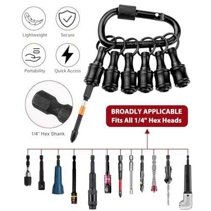 Katerk 6pc Black Bit Holder Keychain, 1/4in Hex Shank Portable Screwdriver Bit Clip for Impact Driver Flexible Drill Bit Extension Nut Driver W/Carabiner, Quick Release Drill Screw Adapter