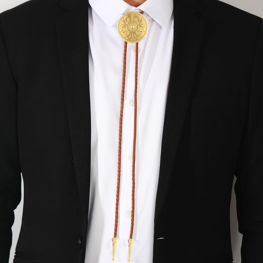 GelConnie Gold Bolo Tie for Women Brown Bolo Tie for Men Western Bolero Ties Flower Rodeo Cowboy Leather Necktie