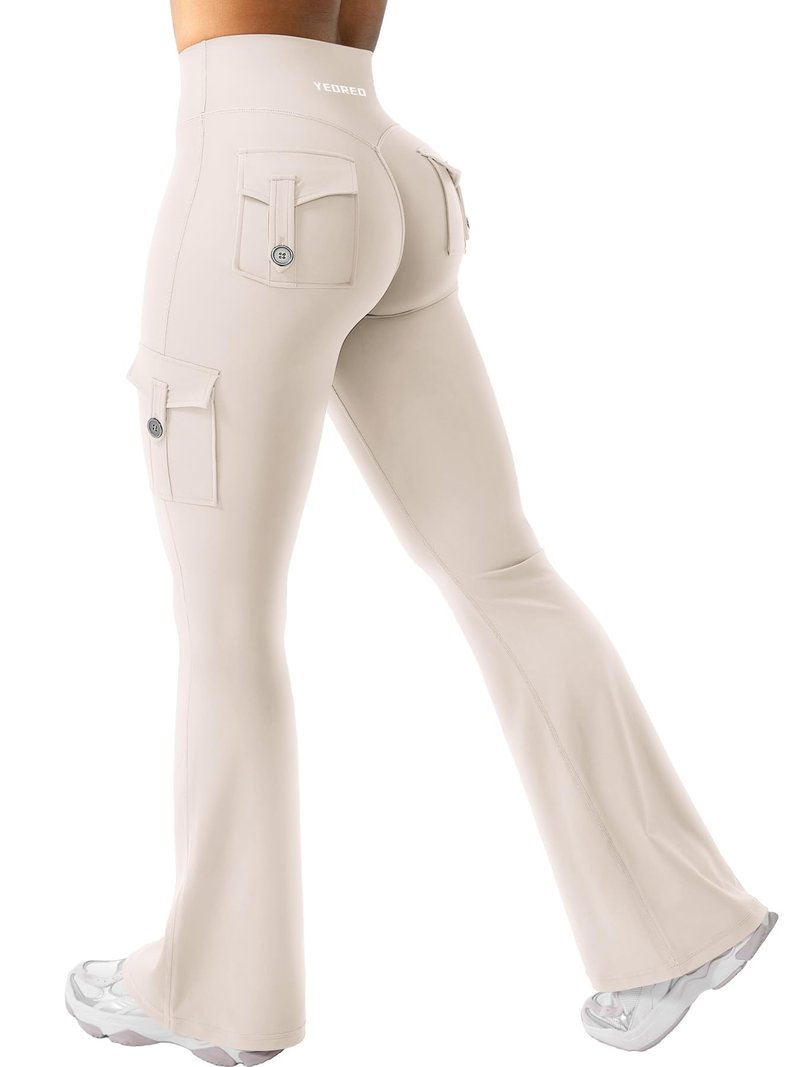YEOREO CoreFlex Women Workout Flare Leggings with Pockets Hidden Scrunch High Waisted Cargo Gym Yoga Leggings Light Khaki XXL