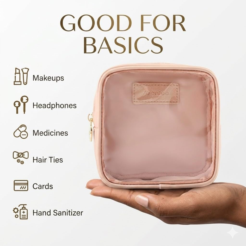 Aveniee Small Clear Makeup Bag, Mini Makeup Bag for Purse Organizer, Cosmetic Bag Travel Zipper Pouch for Women, Cute Car Accessories for Skincare Lipstick Essentials-Sand