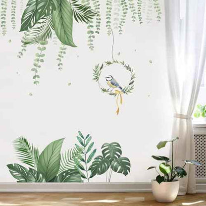 LHIUEM Green Tropical Leaves Wall Stickers Hanging Plants Green Jungle Wall Decals Parrot Wall Art Nature Hanging Vine Palm Clings for Bedroom Living Room Sofa TV Background