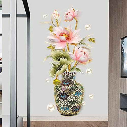 Chinese Style Lotus Flower Classical Vase Wall Sticker Pearl Living Room Art Wall Decals Home Entrance Backdrop Decoration