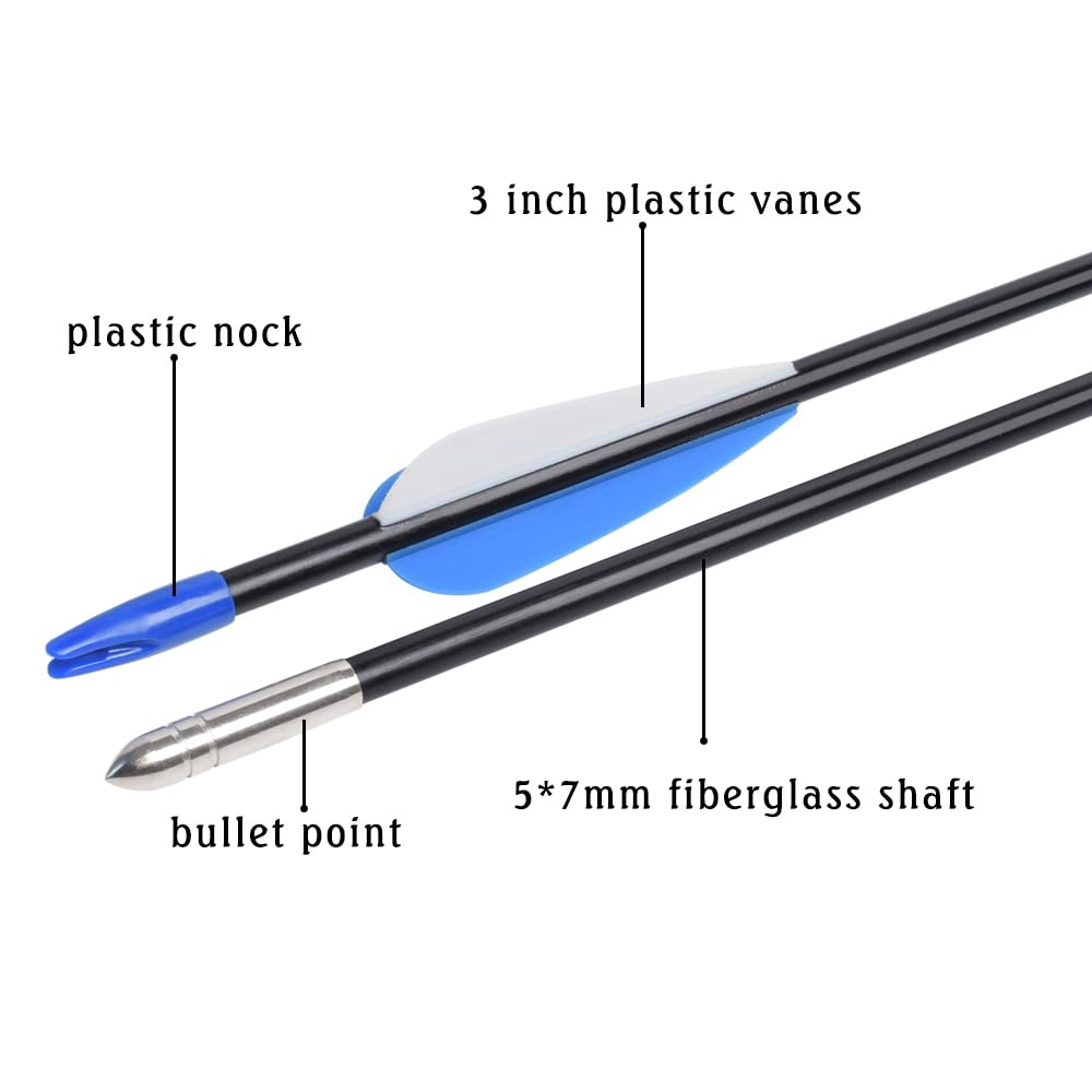 Fiberglass Arrows Archery 28 Inch Target Shooting Practice Safetyglass with Blue and White Vane for Recurve Bows Suitable for Youth Woman Beginner 6 PCS