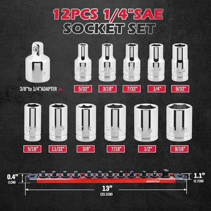 12-Piece 1/4" Drive SAE Standard Socket Set 5/32" to 9/16" with 1-Piece Magnetic Organizer Rail Rack, Premium 6-Point Shallow Socket Assortment Include a 3/8" to 1/4" Adapter