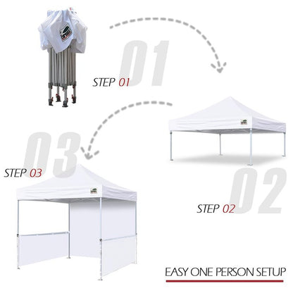 Eurmax USA 10'x10' Pop-up Booth Canopy Tent Commercial Instant Canopies with 1 Full Sidewall & 2 Half Walls and Roller Bag, with 4 SandBags + 2 Cross-Bar (White)