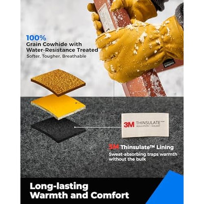 toolant Leather Winter Work Gloves for Men, 100% Grain Cowhide with Warm Thinsulate Lining, Water & Abrasion Resistance