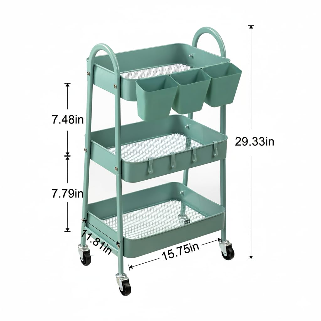 danpinera 3-Tier Rolling Cart, Utility Cart Mobile Metal Rolling Storage Cart with Lockable Wheels & Hanging Cups & Hooks for Kitchen, Bathroom, Office, Workshop, Green