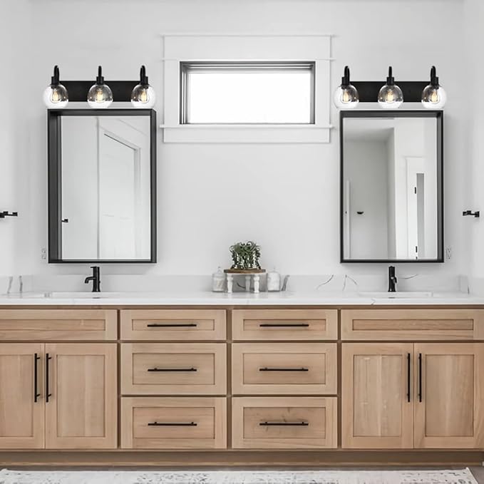 3-Lights Vanity Lights Globe Glass Rustic Bathroom Light Fixtures for Over Mirror Kitchen with Seeded Lampshades