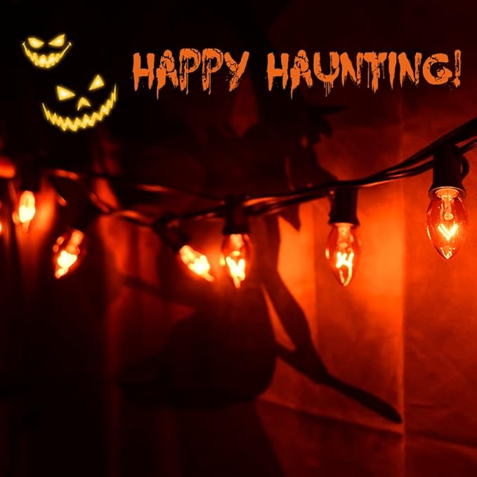 C7 Halloween Orange String Lights, 25Ft Outdoor Halloween Decorations Lights with 27 Clear Orange Bulbs, Vintage Christmas Lights for Roofline Patio Cafe Party Decor- Black Wire