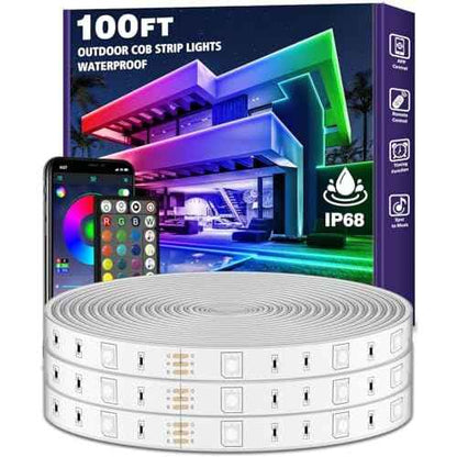 Outdoor LED Strip Lights Waterproof,IP68 Outside Led Light Strips Waterproof with Bluetooth App Remote Control,Music Sync RGB Exterior Led Rope Lights,for Balcony,Deck (100ft Outdoor LED Strip Lights)