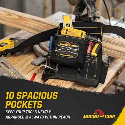 MagnoGrip 10-Pocket Tool Pouch with Magnetic Storage - Durable 1680D Ballistic Polyester, Adjustable Belt, Reinforced Rivets, Easy Access Pockets for Construction, Carpentry, and DIY Projects - Black
