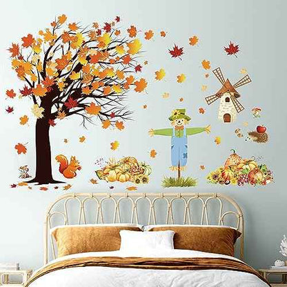 Fall Maple Leaves Wall Decals Autumn Pumpkin Scarecrow Wall Stickers Thanksgiving Fall Tree Wallpaper Cute Sqiirrel Windmill Mural DIY Removable Wall Art for Kids Bedroom Playroom