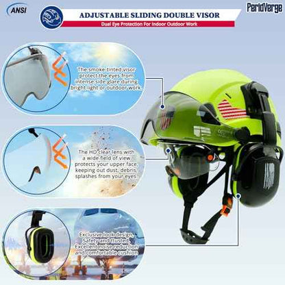 Construction Hard Hat with Visor and Hearing Protection-Green Safety Hardhat OSHA Approved with Face Shield and Visor and Ear Protection,Chainsaw/Forestry/Arborist Helmet with Chin Straps