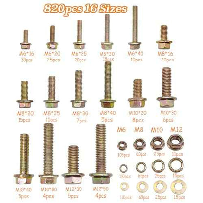 820pcs Metric Flange Bolt Assortment, Bolts and Nuts Kit, M6x1.0, M8x1.25, M10x1.5, M12x1.75(16mm to 50mm) Bolts and Nuts Assortment, Flange Hex Bolts and Nuts Washers Kit, Yellow Zinc, 16 Sizes