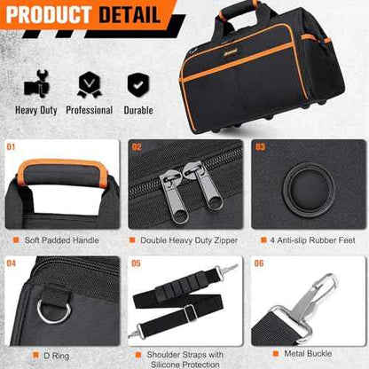 Heavy Duty Tool Bag 17.3-Inch, 26-Pocket Large Tool Bags for Men Women with Adjustable Shoulder Strap,Waterproof, Foldable Tool Bag Organizer for HVAC Electricians Mechanics Craftsman Contractor