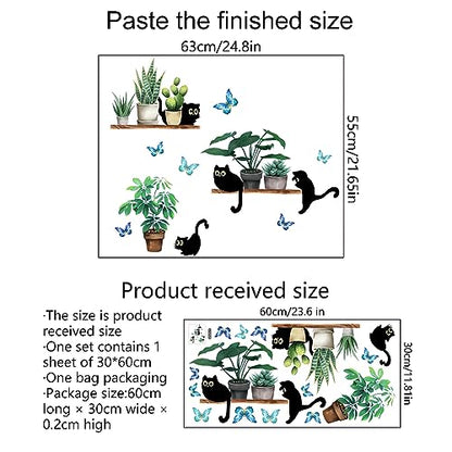 Green Potted Plant Cute Black Kitten Wall Stickers, sacinora Cat Cartoon Animal DIY Wall Decals Removable Vinyl Peel and Stick for Living Room Children's Room Bedroom Kitchen Decorations