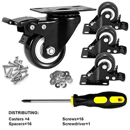2" Caster Wheels Set of 16, Heavy Duty Casters with Brake, No Noise Locking Casters with Polyurethane (PU) Wheels, Swivel Plate Castors Pack of 16