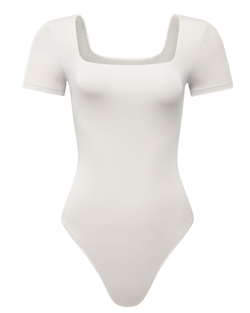 AUROLA Everyday Square Neck Bodysuits,Going Out Short Sleeve Double Lined Stretchy Shirt Tops,Coconut Milk,S