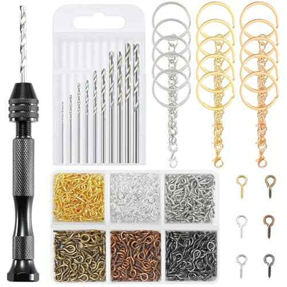 Hand Drill Set for Resin Crafts, Pin Vise Jewelry Making Kit with 10 Drill Bits, 600 Eye Screws, 15 Keychain Rings ? Push Drill Tool for Epoxy, Molds, DIY Projects (Pin Vise Hand Drill Set - 1)