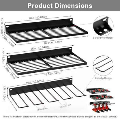 3 Pack Power Tool Organizer Wall Mount, Garage Wall Organizer, Heavy Duty Iron Garage Storage Rack with 4 Drill Holders, Hooks, Screwdriver & Tool Battery Holder for Shed, Basement