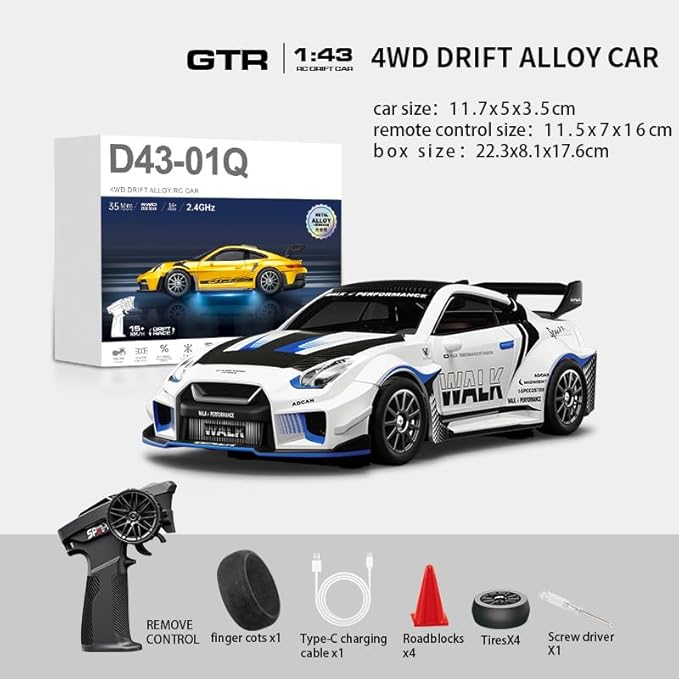 1/43 Scale RC Drift Car 2.4G Full Proportional 4WD Remote Control Car with Gyro Adjustable Speed &amp LED Lights Alloy RC Vehicle for Adult