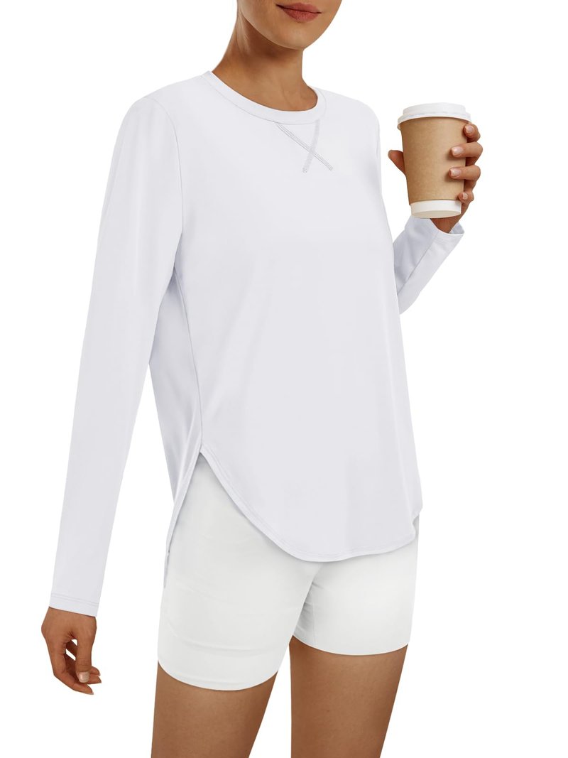 AUTOMET Women's Long Sleeve Workout Tops Running Hiking Sun Shirts Gym UPF 50+ UV Protection Tshirts 2026 Quick Dry Clothes White M