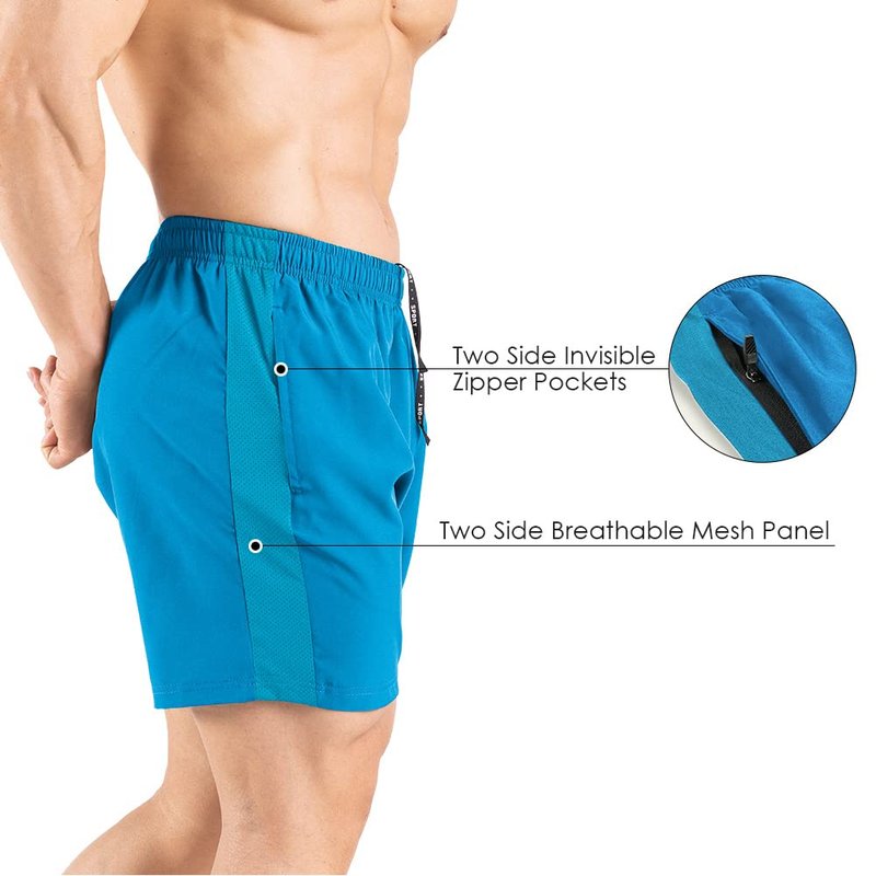 Gaglg Men's 5" Running Shorts 2 Pack Quick Dry Athletic Workout Gym Shorts with Zipper Pockets Light Blue/White,Small