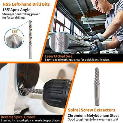 REBRA Screw Extractor and Left-Hand Drill Bit Set, Easy Out Broken Bolt Remover Reverse Cobalt HSS Steel Drill Kit, Ez Out Stripped, Rounded-Off, Damaged Bolts, Screws&Studs Removal Tool (26-Pieces)