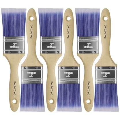 Paint Brushes - 6 Pack, 2" Flat Brushes, Paint Brush Set, Wood Paint Brushes for Walls, Stain & All Oil Paints - Home Improvement - Interior & Exterior Use