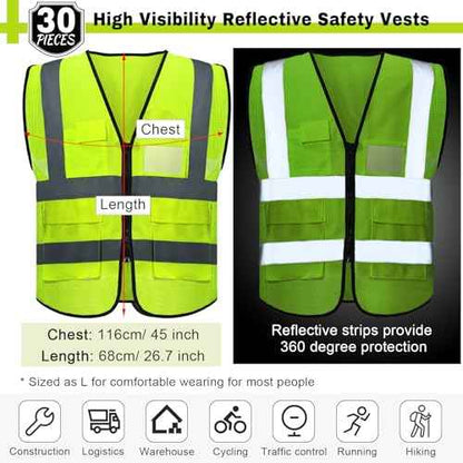 JaGely 12 Pack Reflective Safety Vests with Pockets, High Visibility Mesh Construction Vest for Men Women, Neon Yellow, Size L